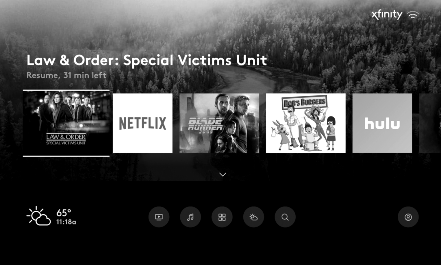 Xfinity Flex home interface with content rows and app tiles