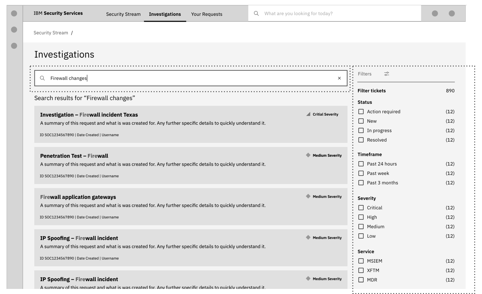Horizon MSS Investigations search — single-pane search for tickets and incidents