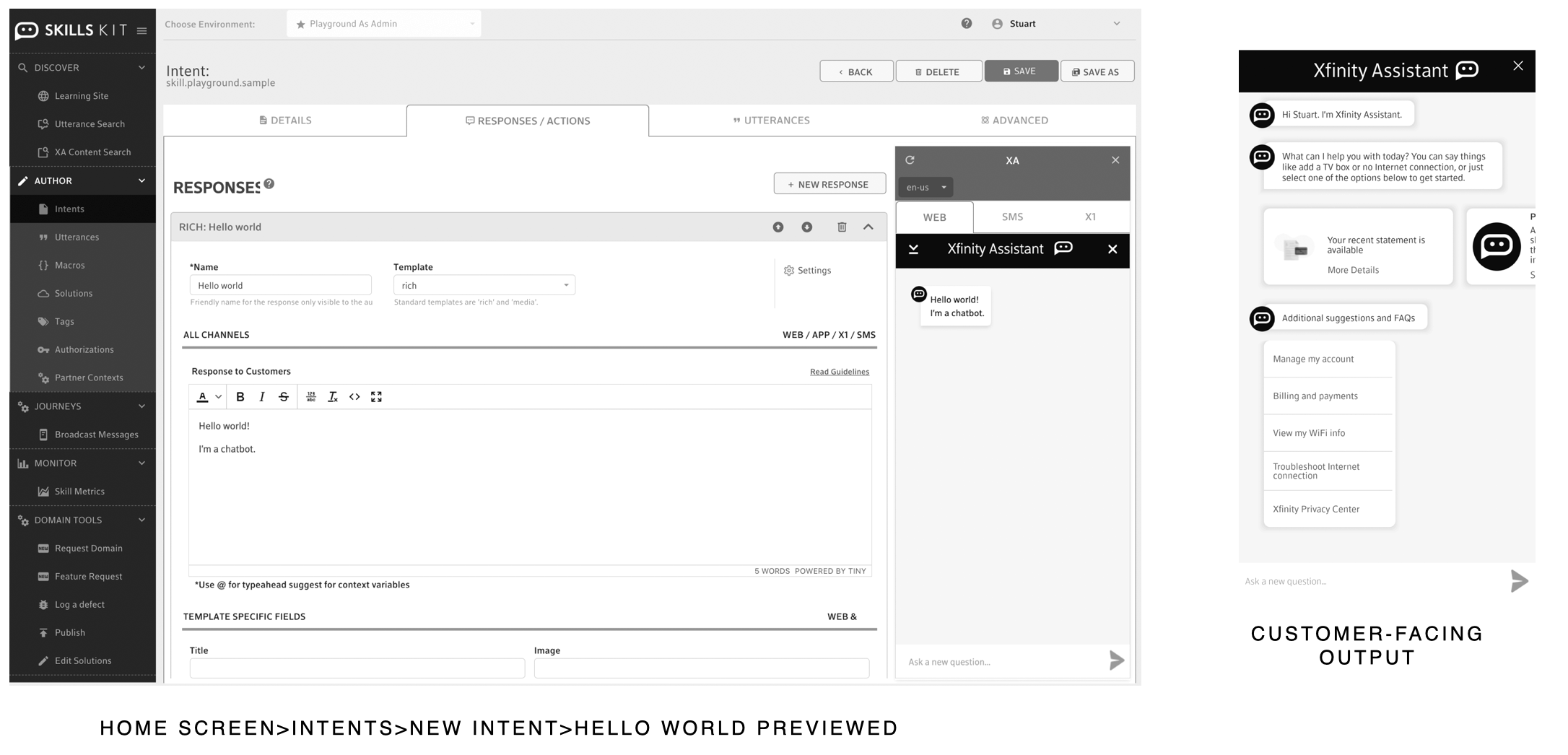 Xfinity Skills Kit authoring interface and customer-facing chatbot output