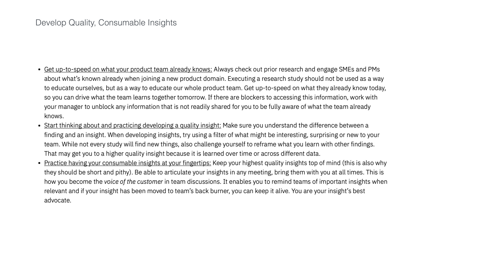 How to develop quality consumable insights in practice with product teams